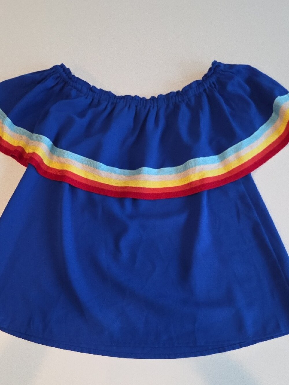 entro Royal Blue Off-Shoulder Ruffle Top with Rainbow Band Retro Womens Small - Picture 2 of 5